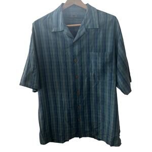 Tommy Bahama Men's Button up silk shirt Size L Green Blue stripes